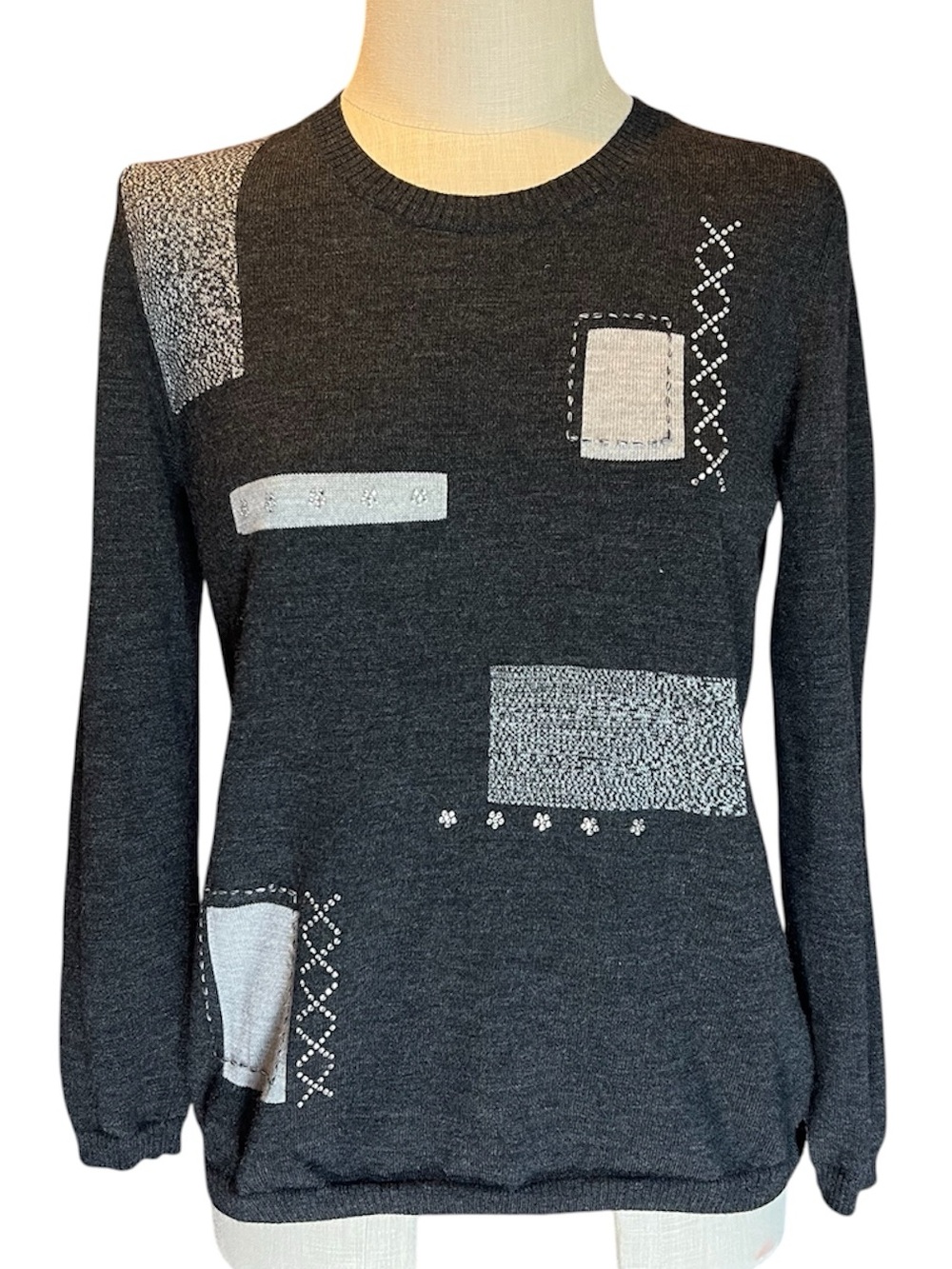 🩶Fine Wool Charcoal Patchwork Embellished Crew Neck Sweater